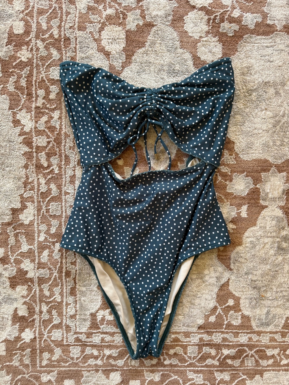 PEONY One-Piece Swimsuit Green Strapless Cutout Ruched Polka Dot sz 12
